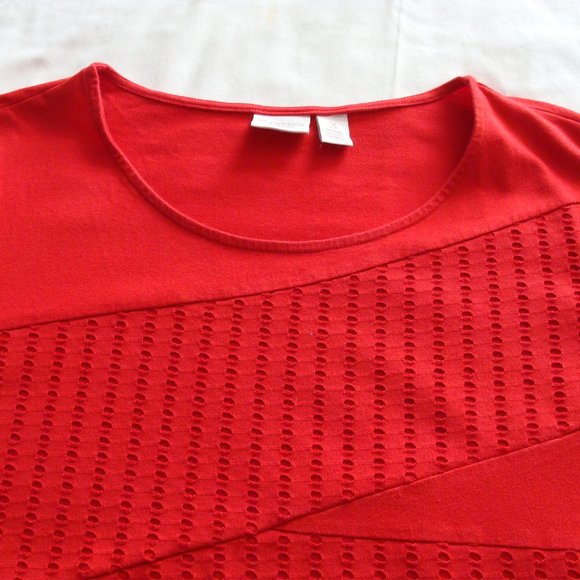 WEEKENDS by CHICO's Red 3/4 Sleeve LACE EYELET Embellished Knit Top TEE Sz 3 - Picture 3 of 6